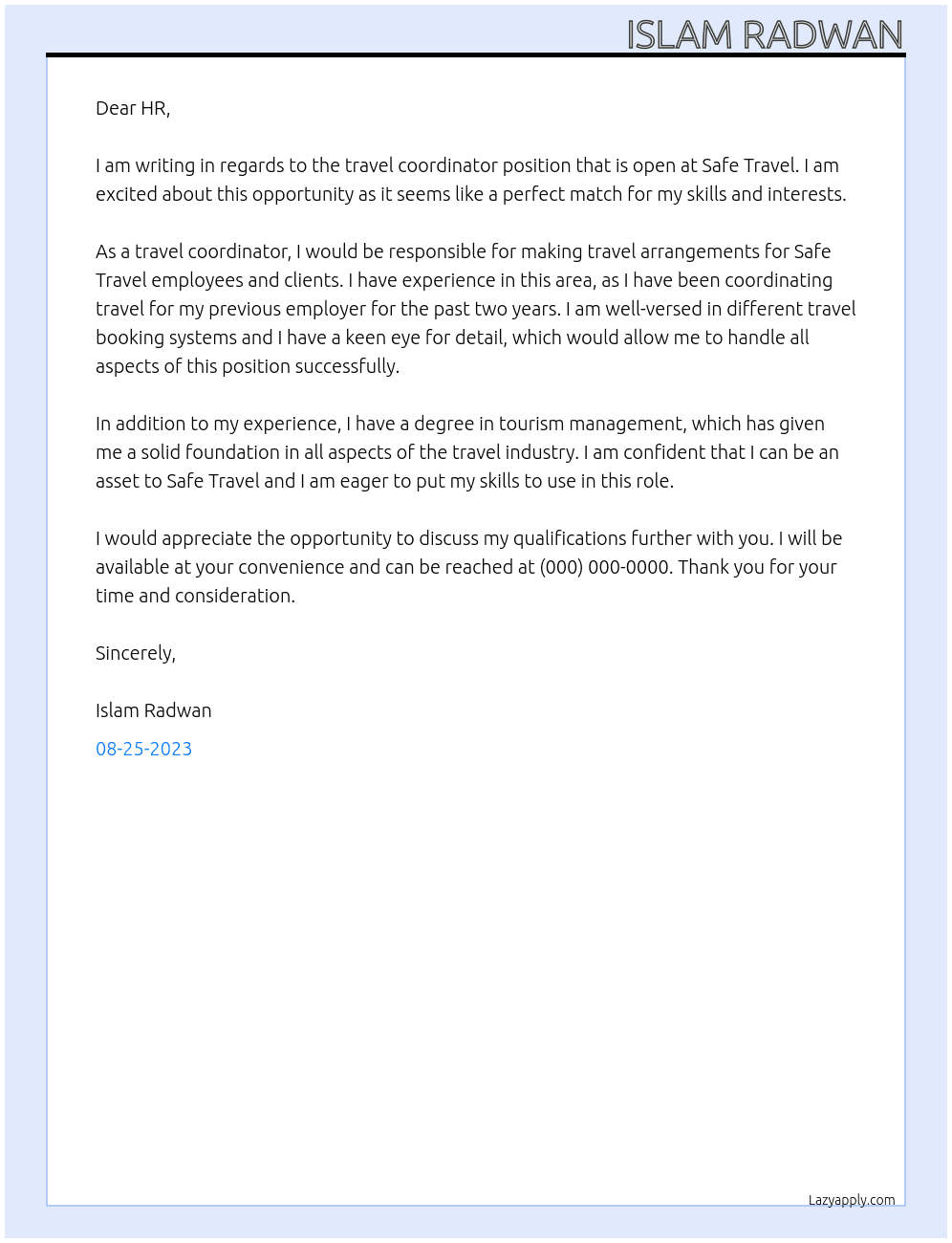 Travel coordinator At Safe Travel Cover Letter