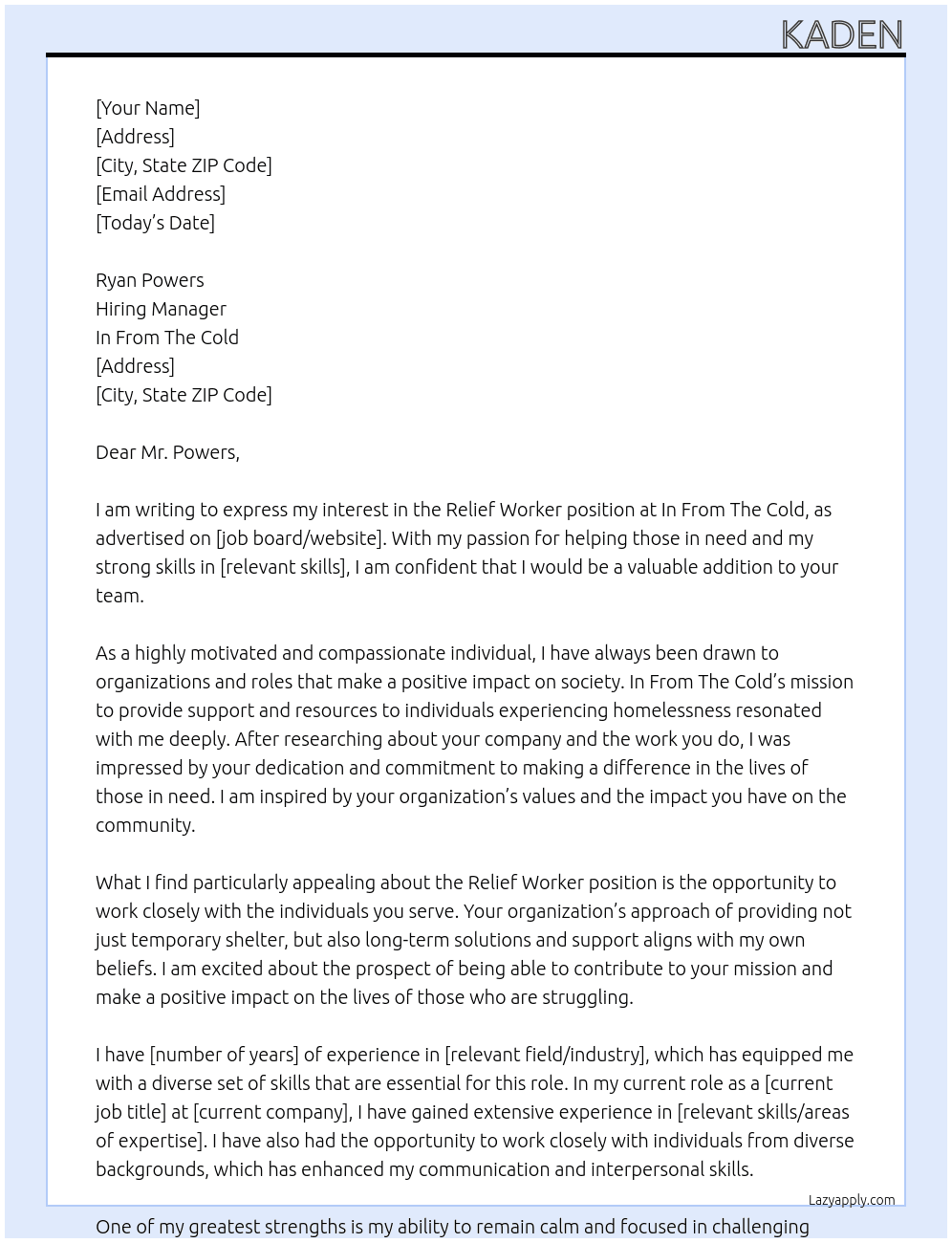Relief Worker At In From The Cold Cover Letter