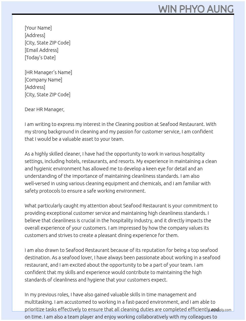 Cleaning  At Seafood Restaurant  Cover Letter