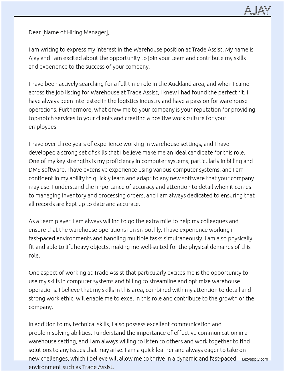 Warehouse  At Trade Assist Cover Letter