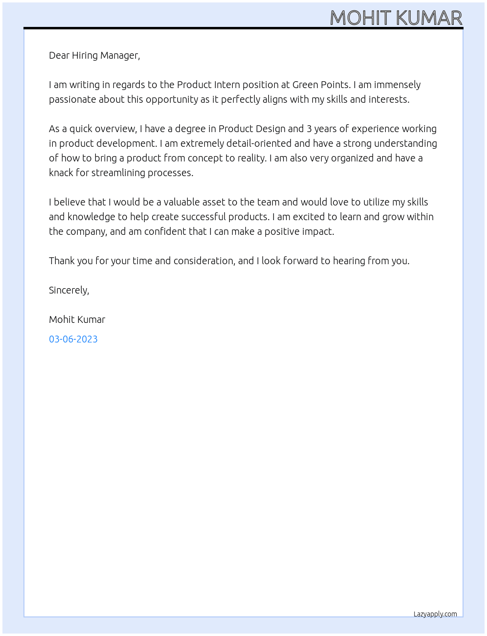 Product Intern At Green Points Cover Letter