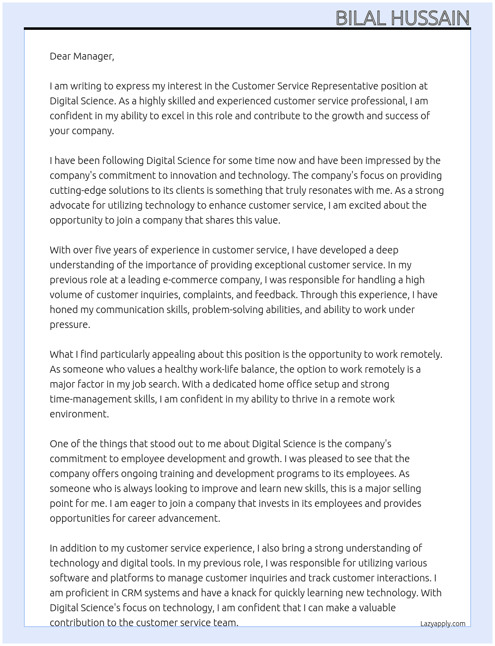 Customer service representative At Digital Science Cover Letter
