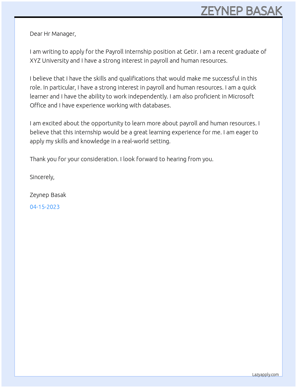 Payroll Internship At Getir Cover Letter