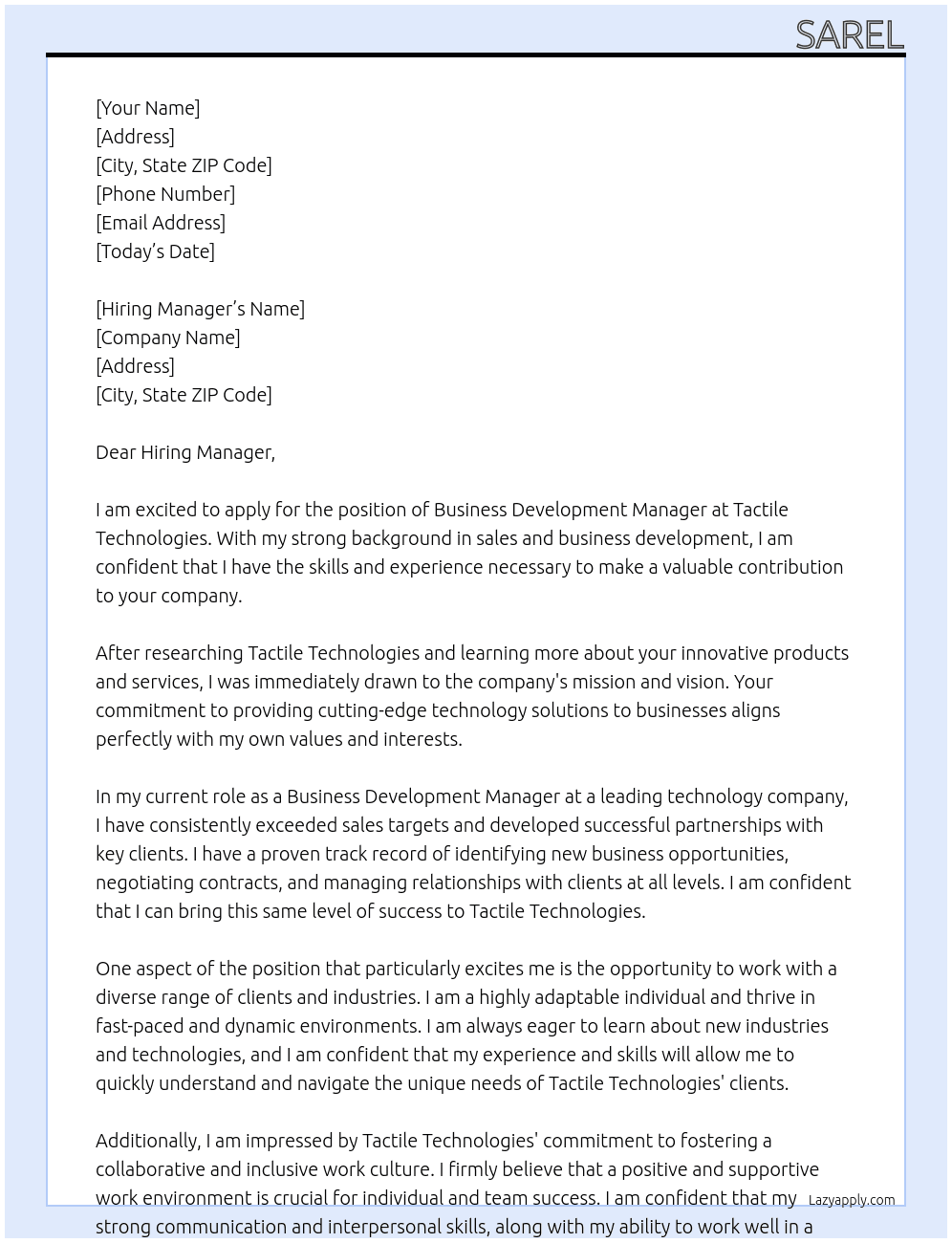 Business Development Manager At Tactile Technologies  Cover Letter