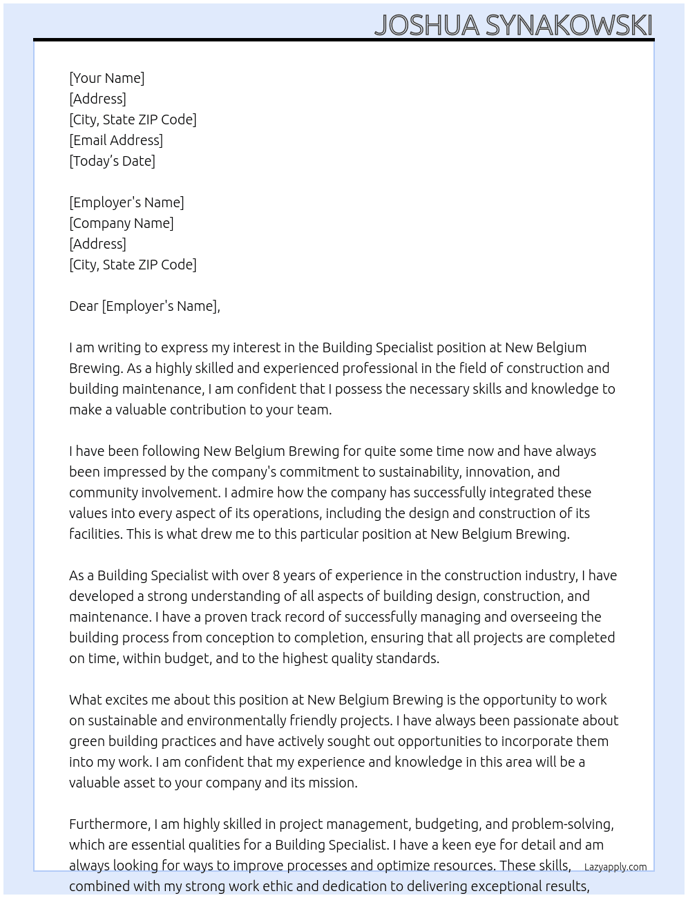 Building Specialist At New Belgium Brewing Cover Letter
