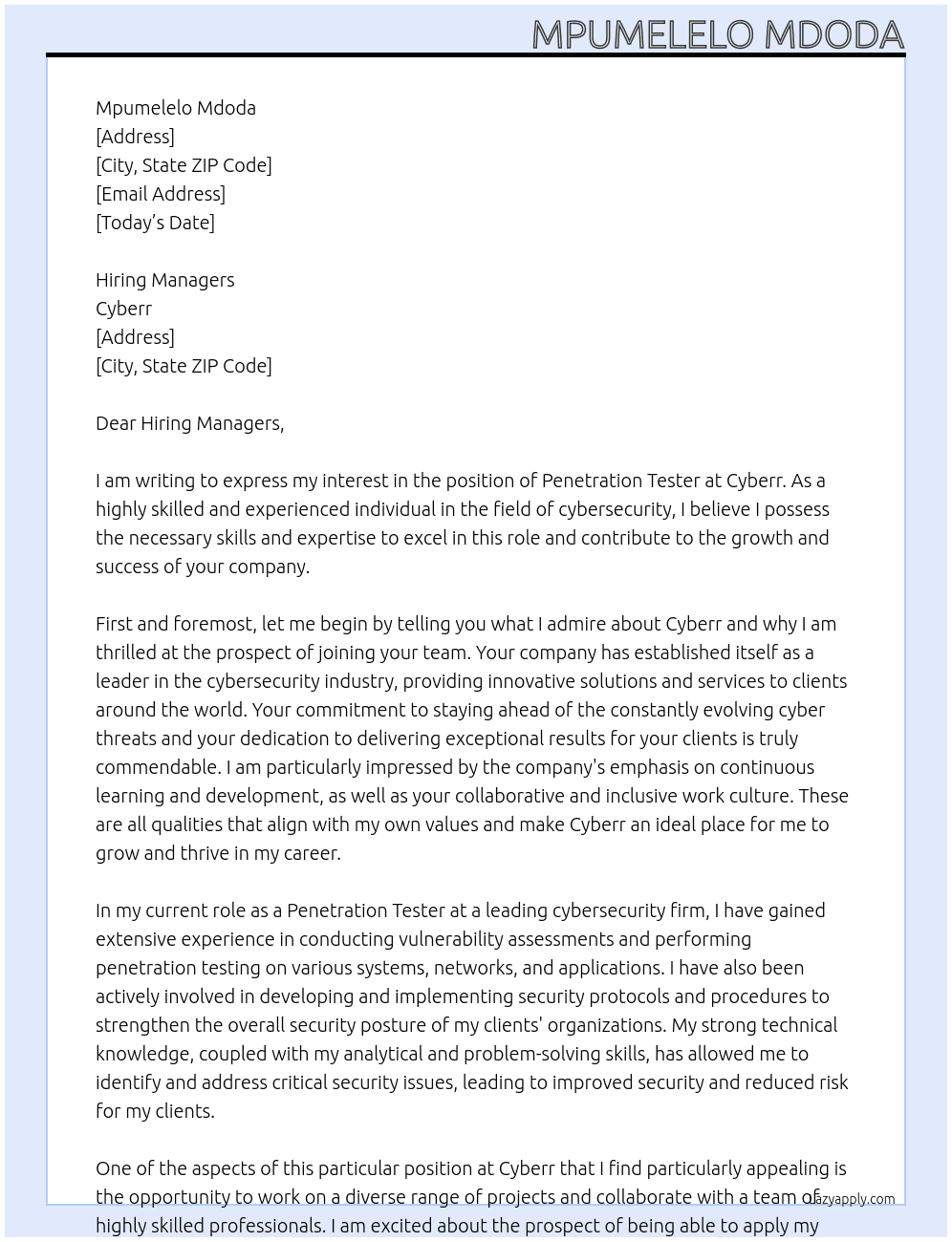 Penetration Tester At Cyberr Cover Letter