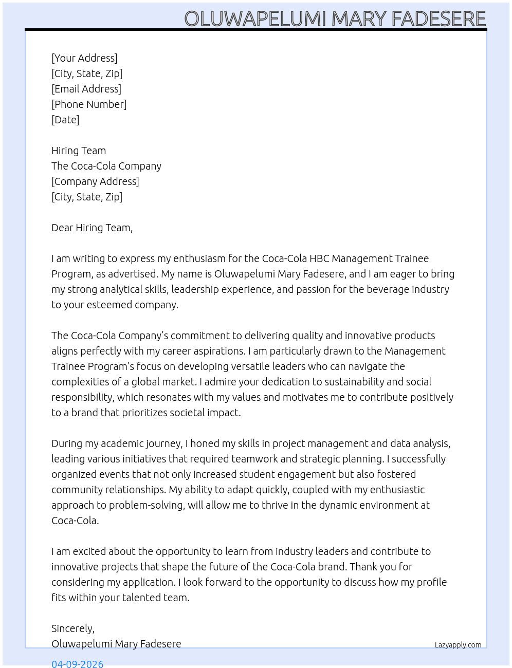 Cover letter for coca-cola hbc management trainee program - LazyApply