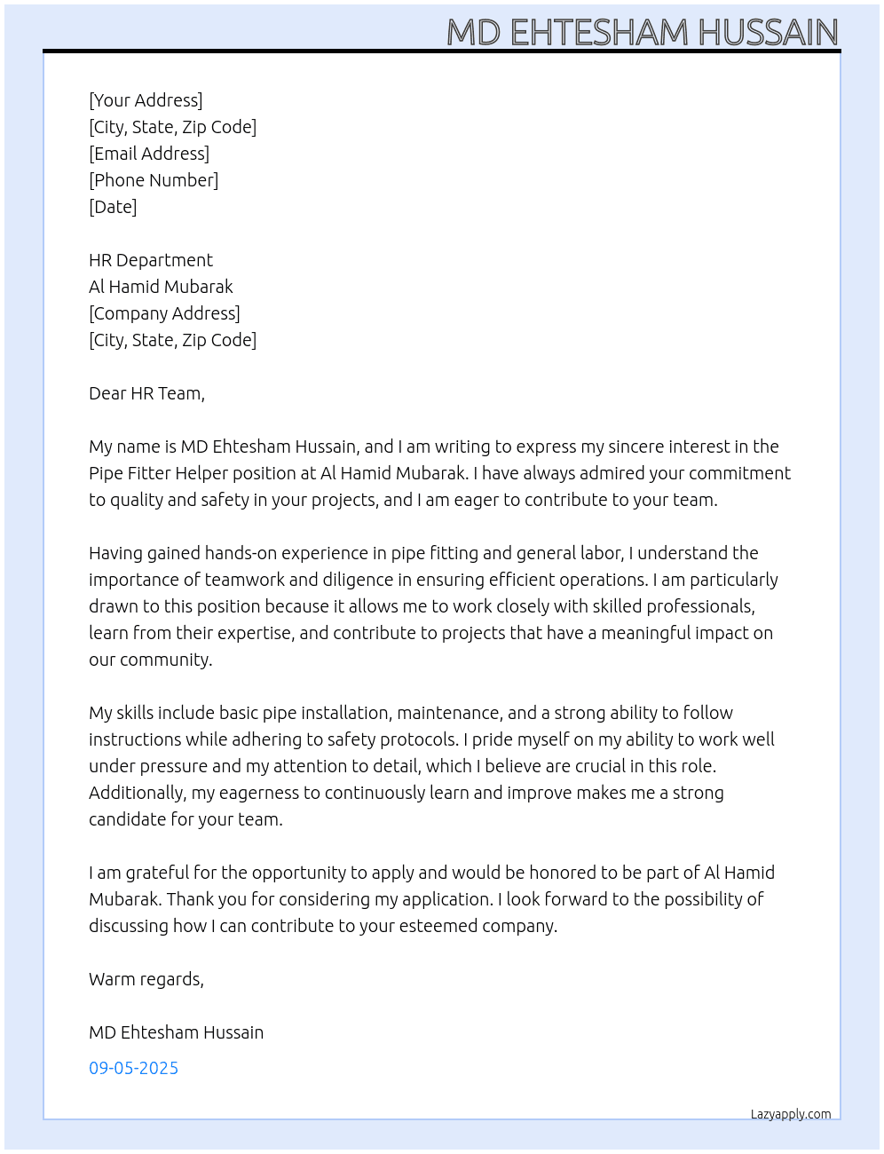 Cover letter for pipe fiter helper - LazyApply
