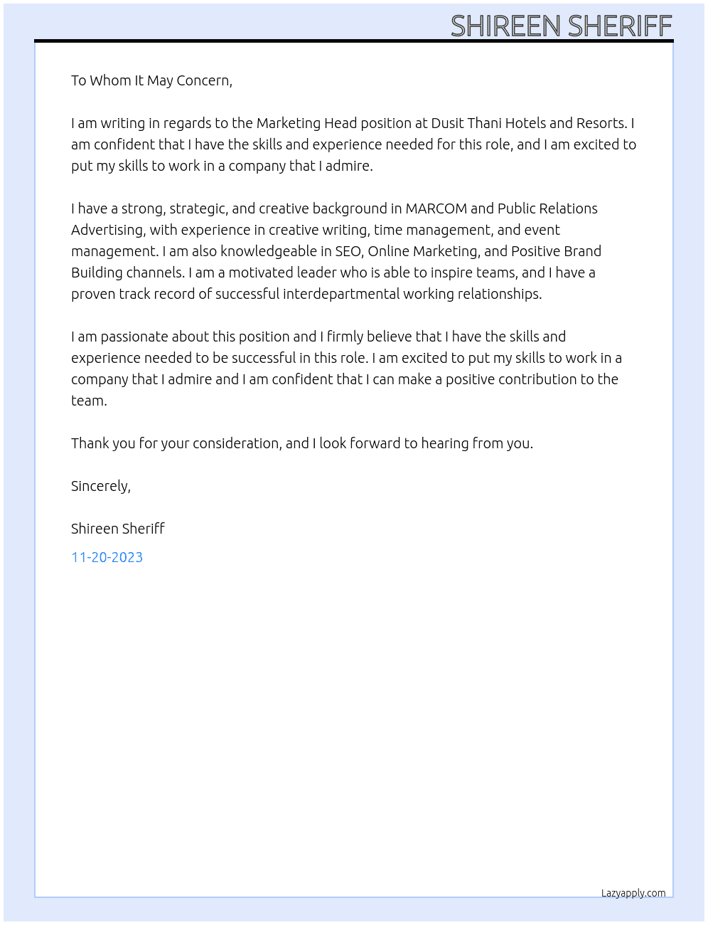Marketing Head  At Dusit Thani Hotels and Resorts  Cover Letter