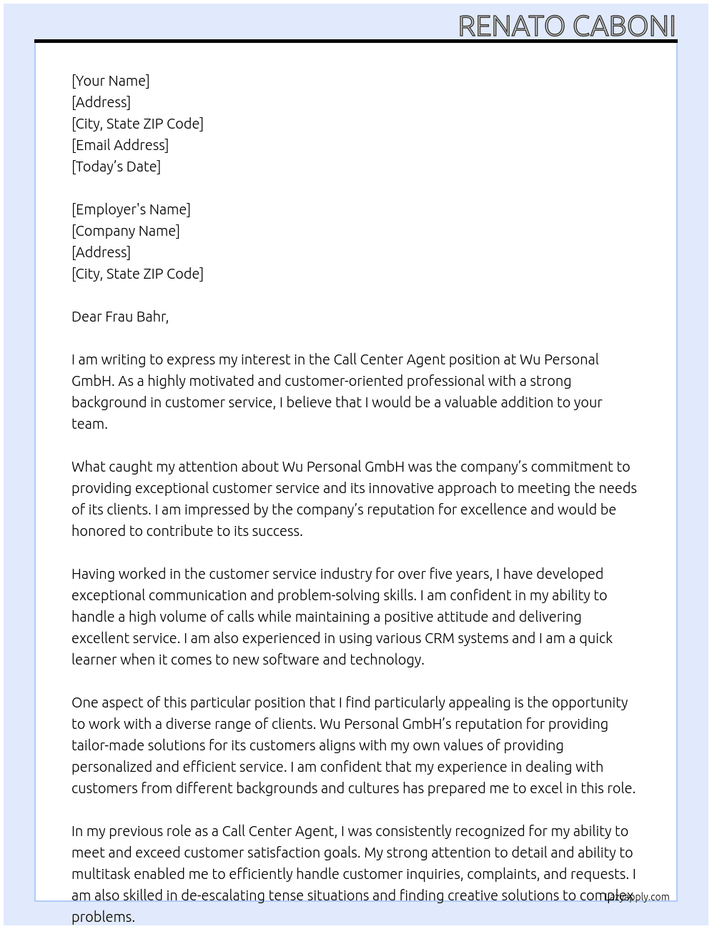 Call Center Agent At Wu Personal GmbH Cover Letter