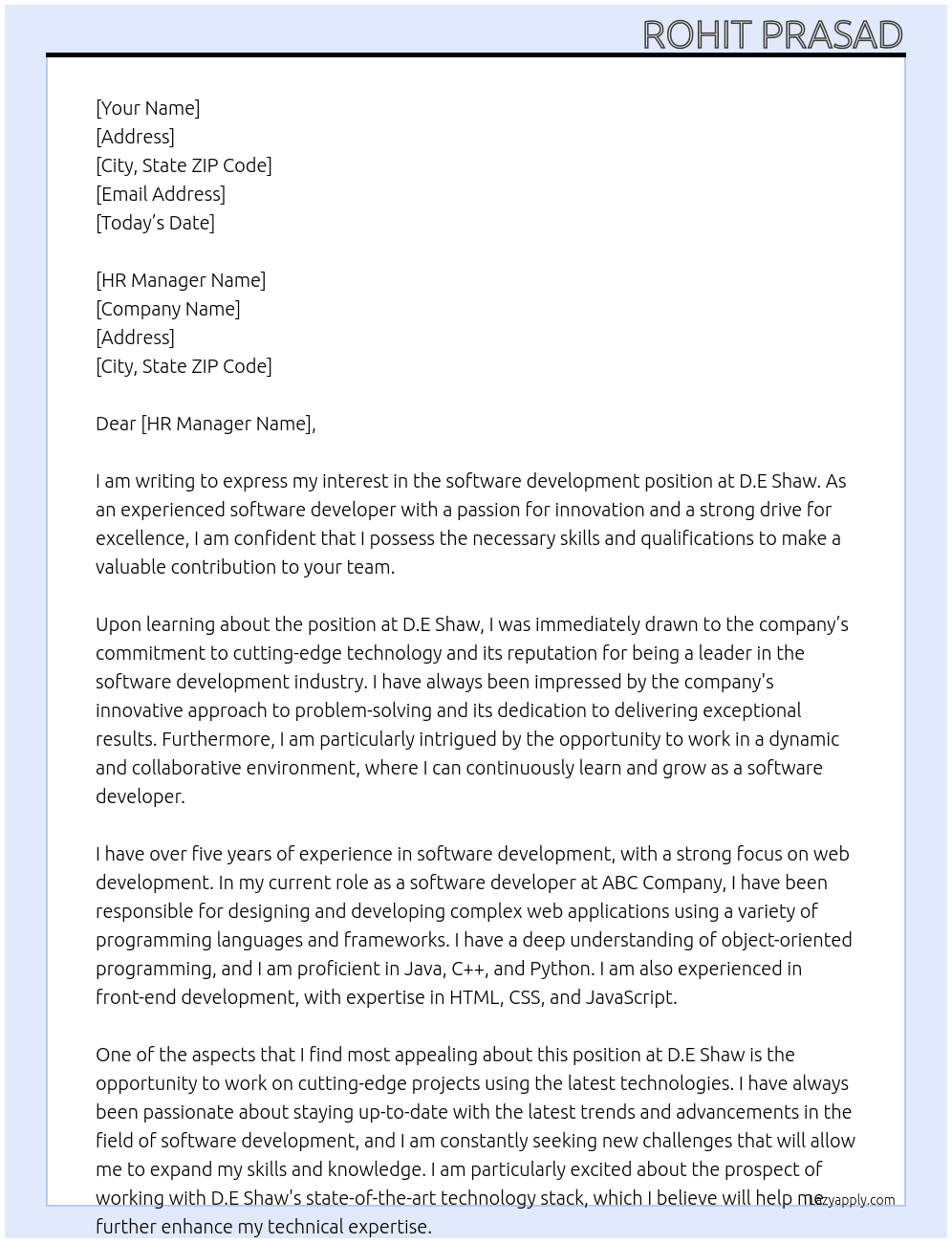 software development At D.E shaw Cover Letter
