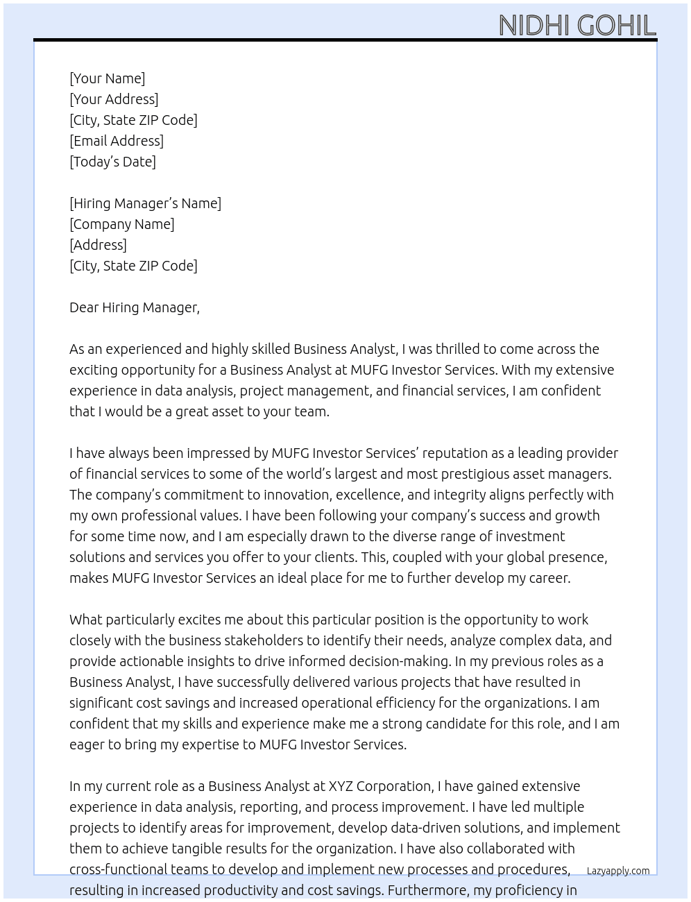 Business Analyst At MUFG Investor Services Cover Letter