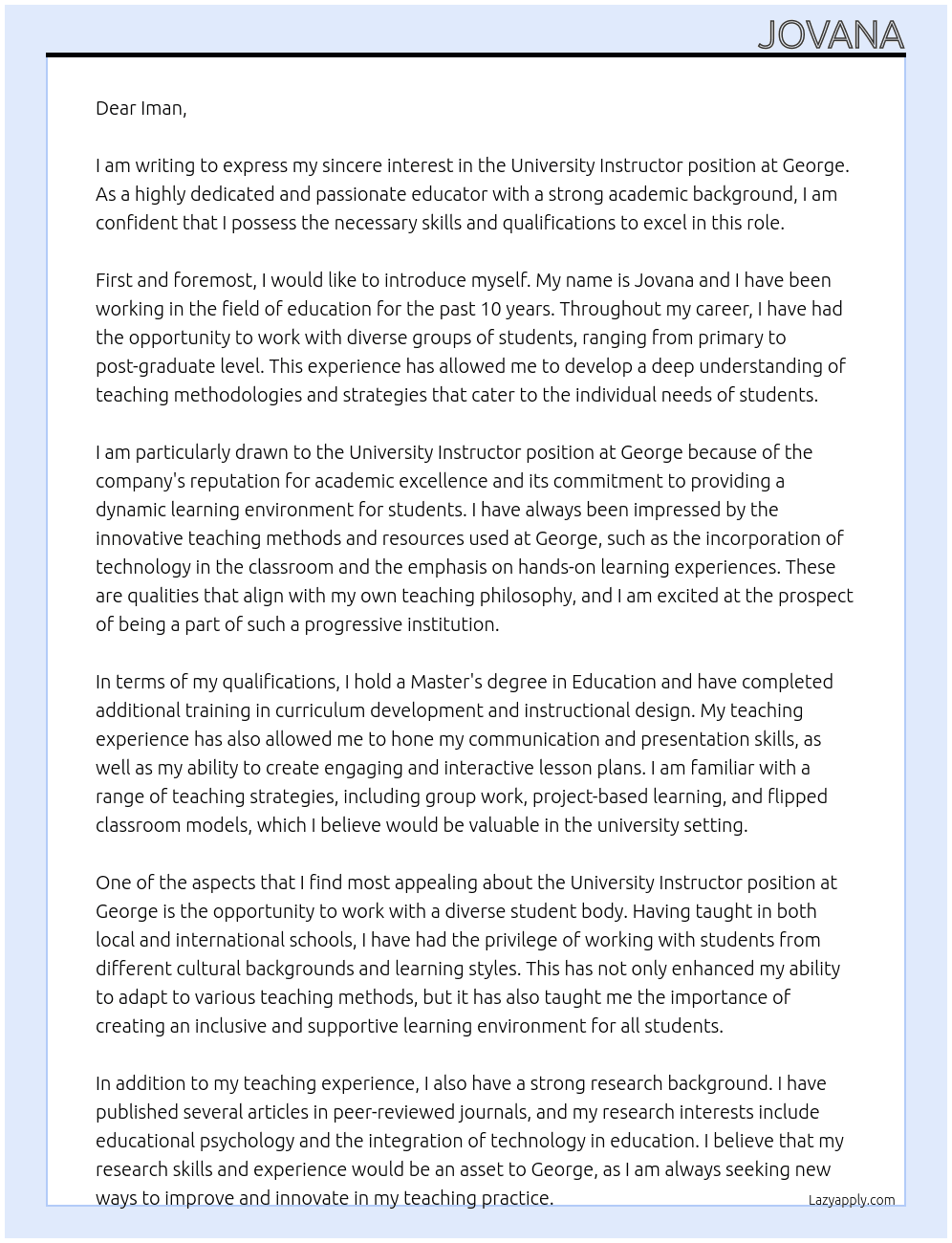 University Instructor At george Cover Letter