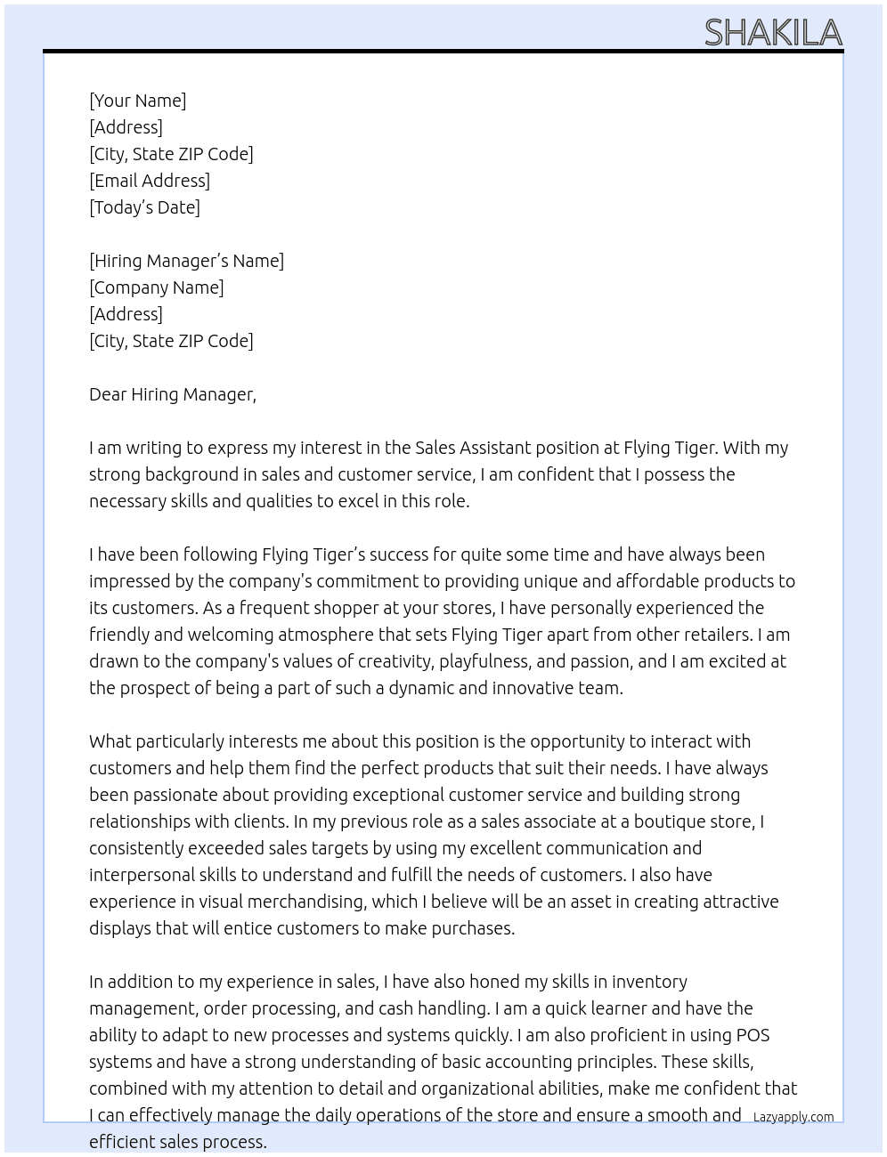 Sales Assistant At Flying Tiger Cover Letter