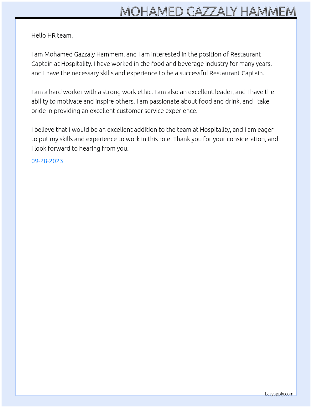 Restaurant Captain   At Hospitality Cover Letter