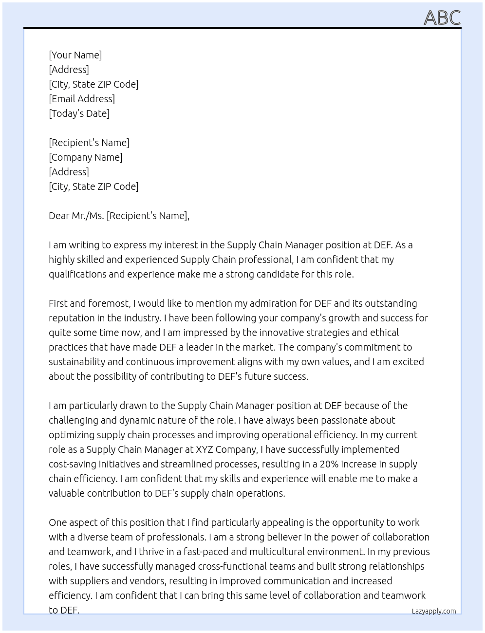Supply Chain Manager At DEF Cover Letter