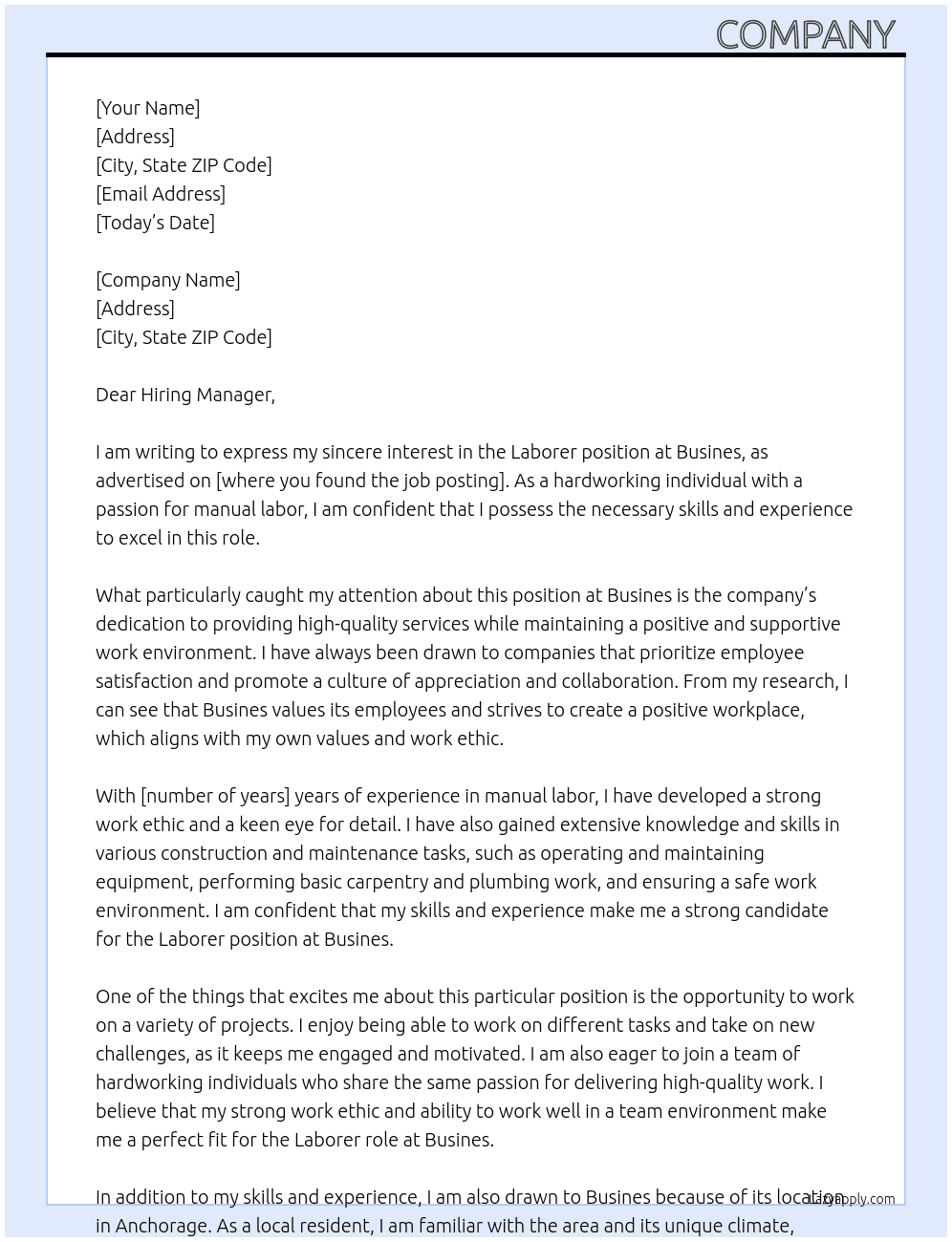 Laborer At Busines Cover Letter