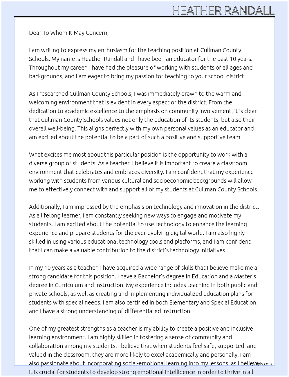 Teacher At Cullman County Schools Cover Letter