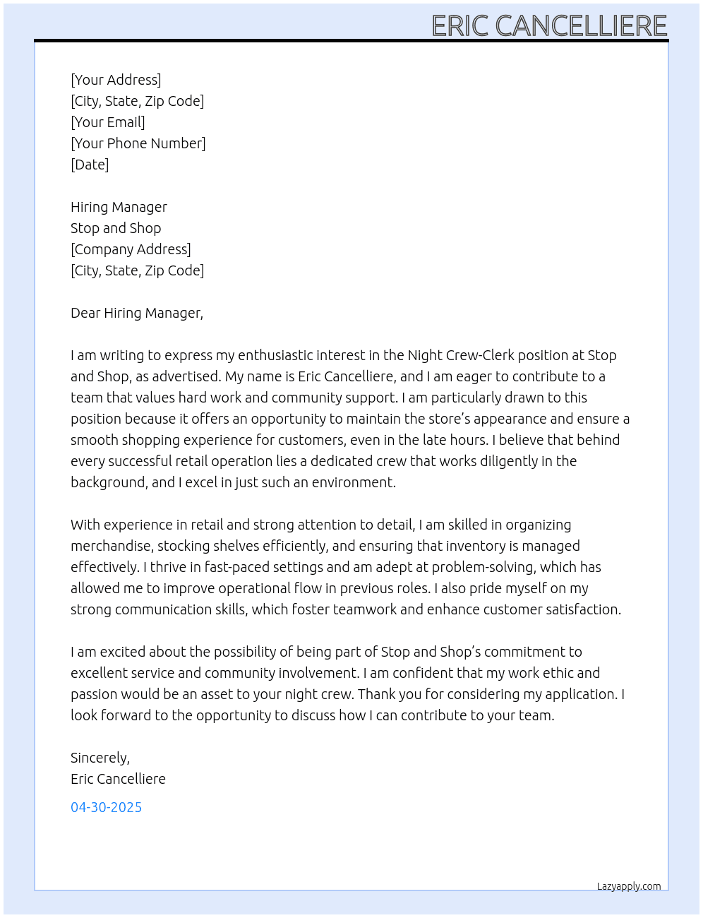 Night Crew-Clerk At Stop and Shop Cover Letter