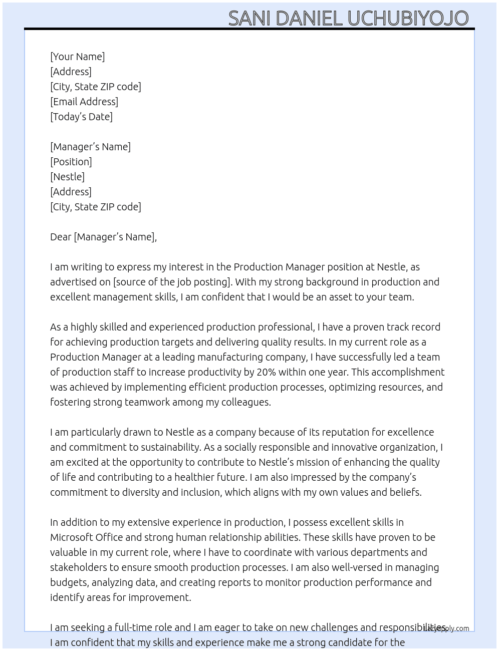 Production  At Nestle  Cover Letter