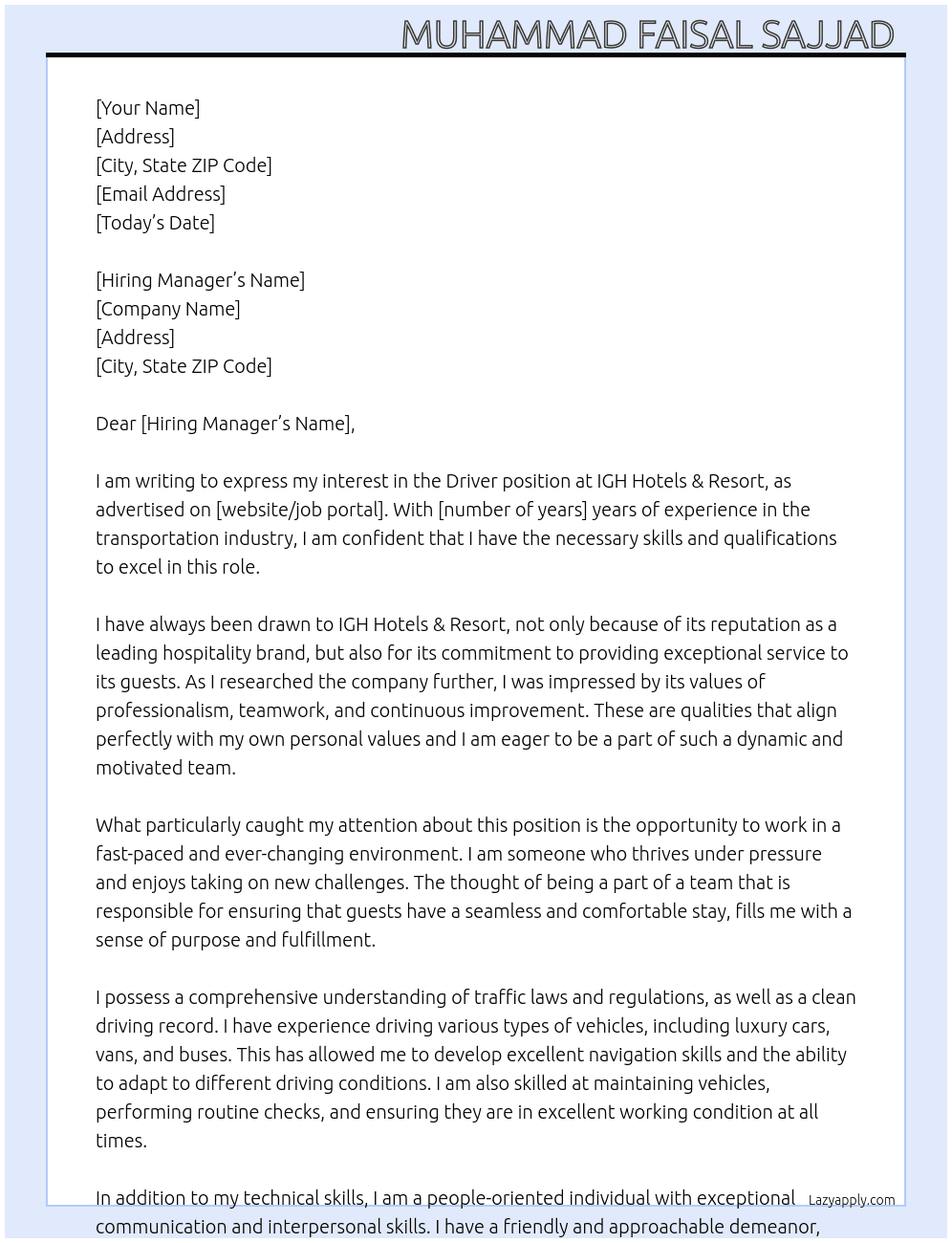 Driver At IGH Hotels& Resort  Cover Letter