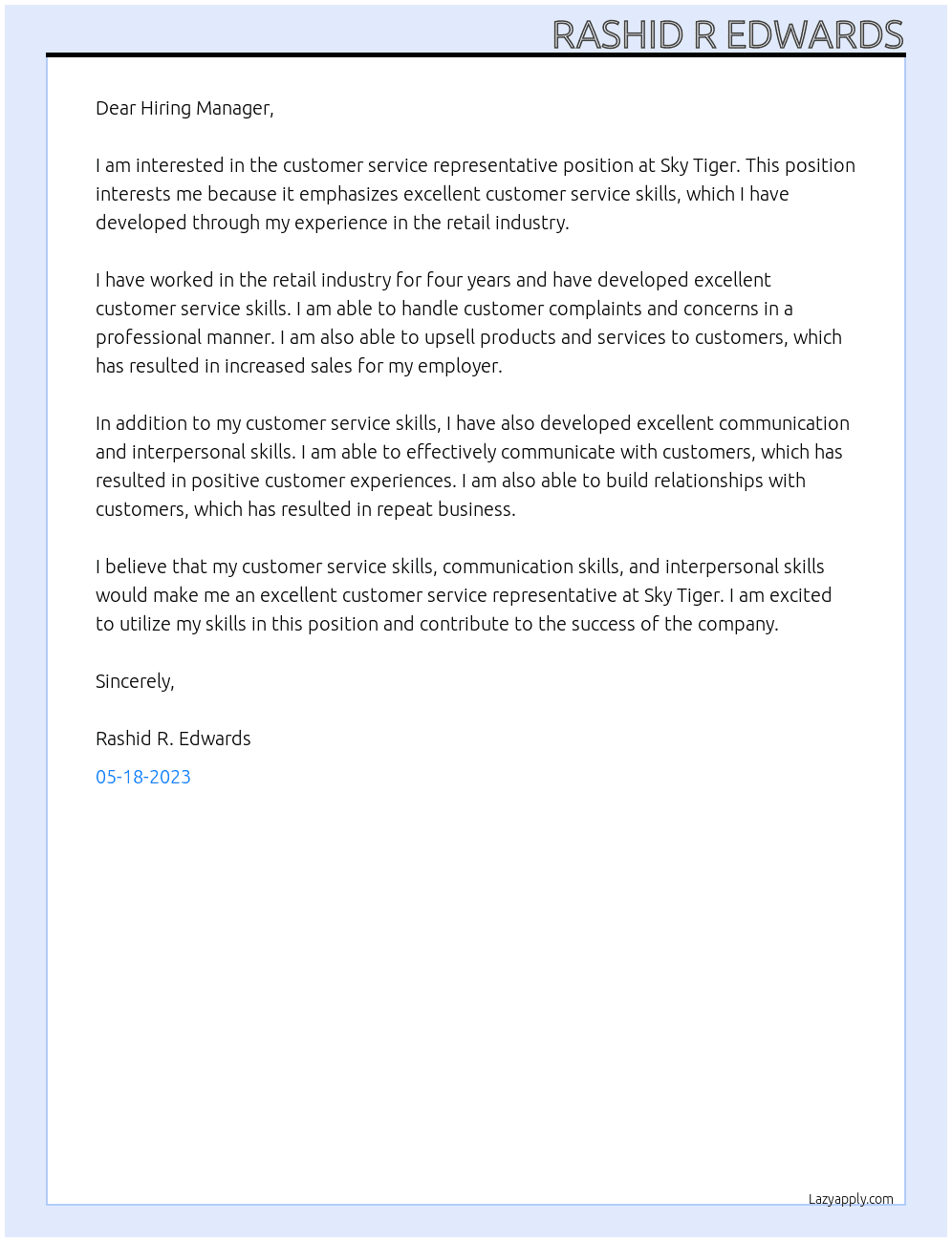 Customer service representative At Sky tiger Cover Letter