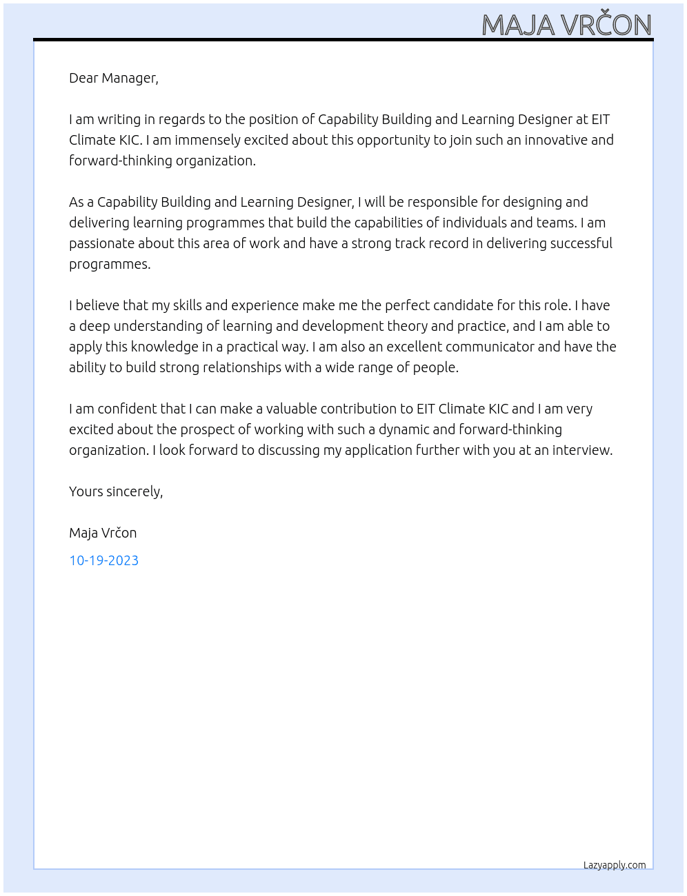 Capability building and learning designer At EIT Climate KIC Cover Letter