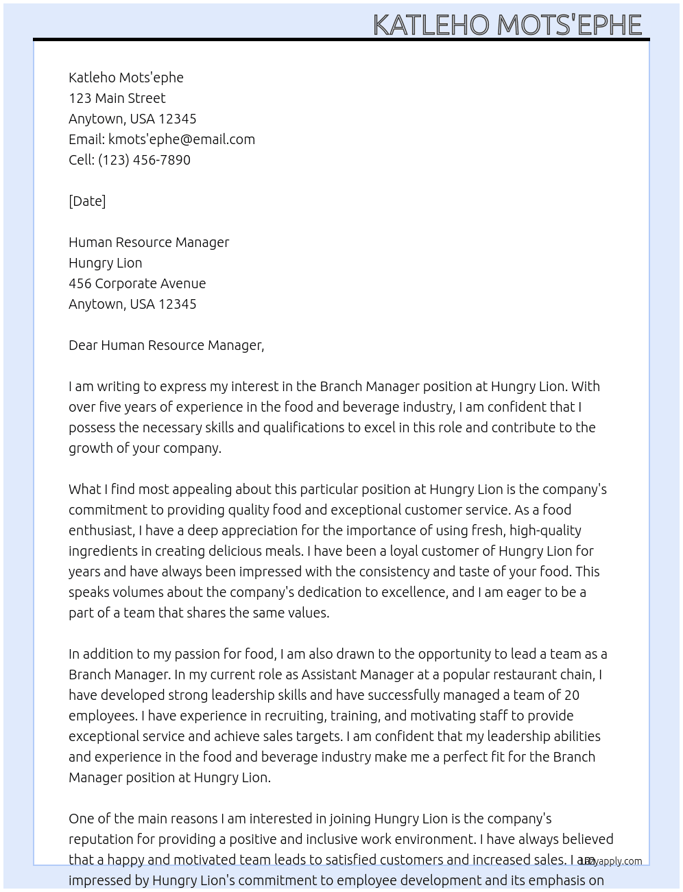 Branch manager  At Hungry lion  Cover Letter