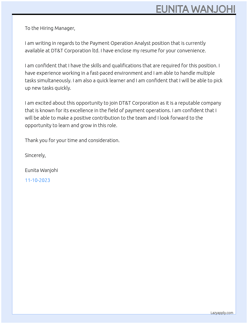 Payment Operation Analyst  At DT&T Corporation ltd  Cover Letter