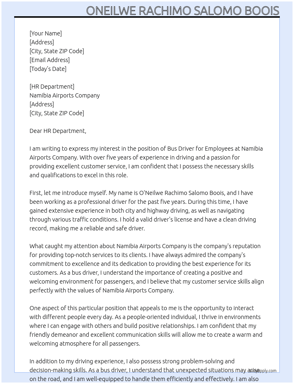 Cover letter for bus driver for employees - LazyApply