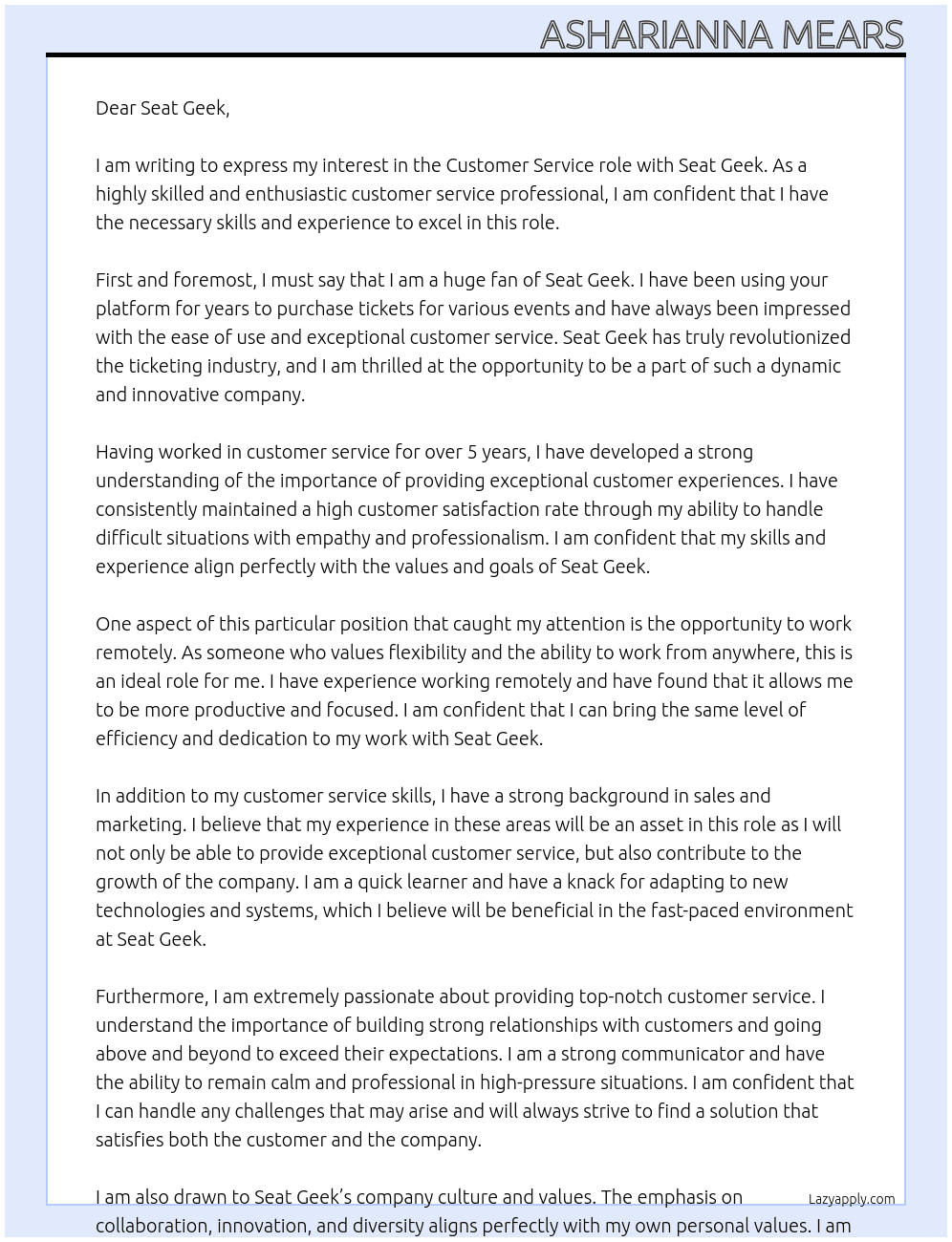Customer Service  At Seat Geek Cover Letter