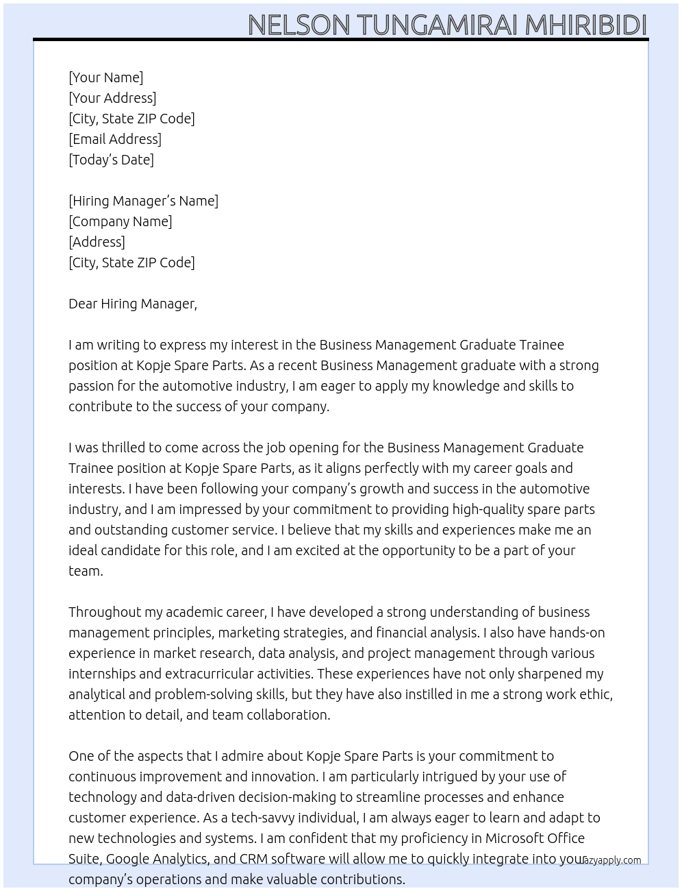 business management graduate trainee At KOPJE SPARE PARTS Cover Letter