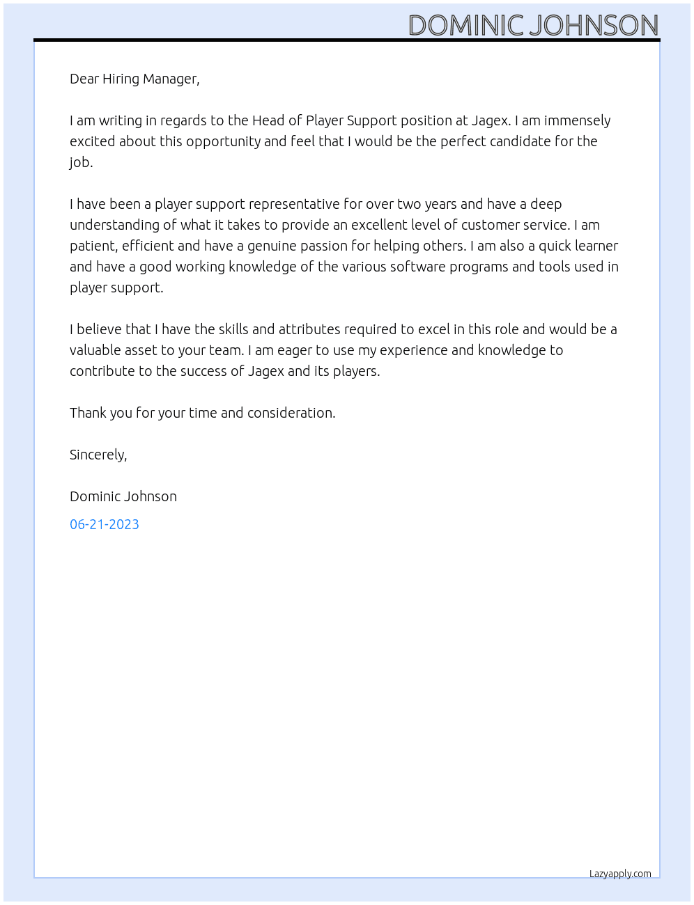 Head of Player Support At Jagex Cover Letter