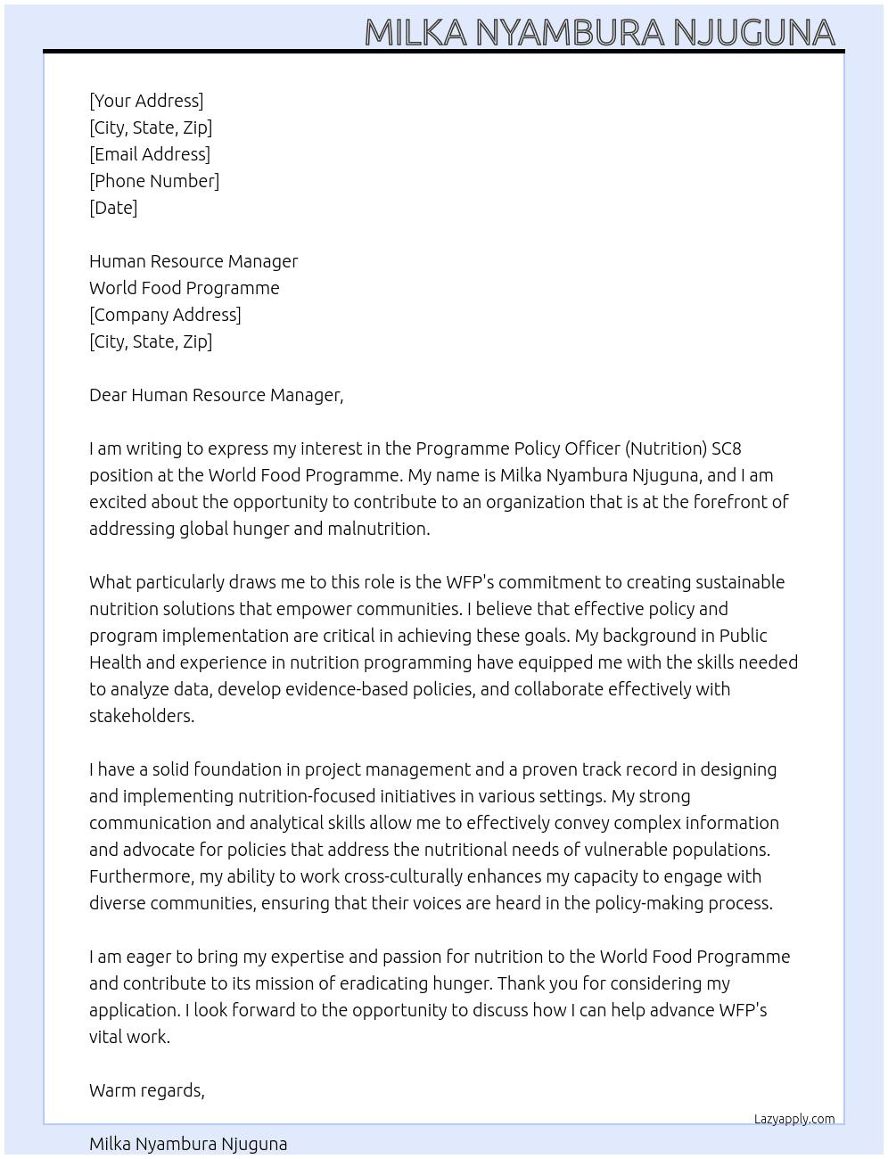Programme Policy Officer (Nutrition) SC8  At World Food Programme Cover Letter