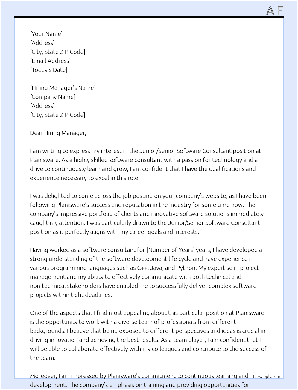 Junior/Senior Software Consultant  At Planisware Cover Letter