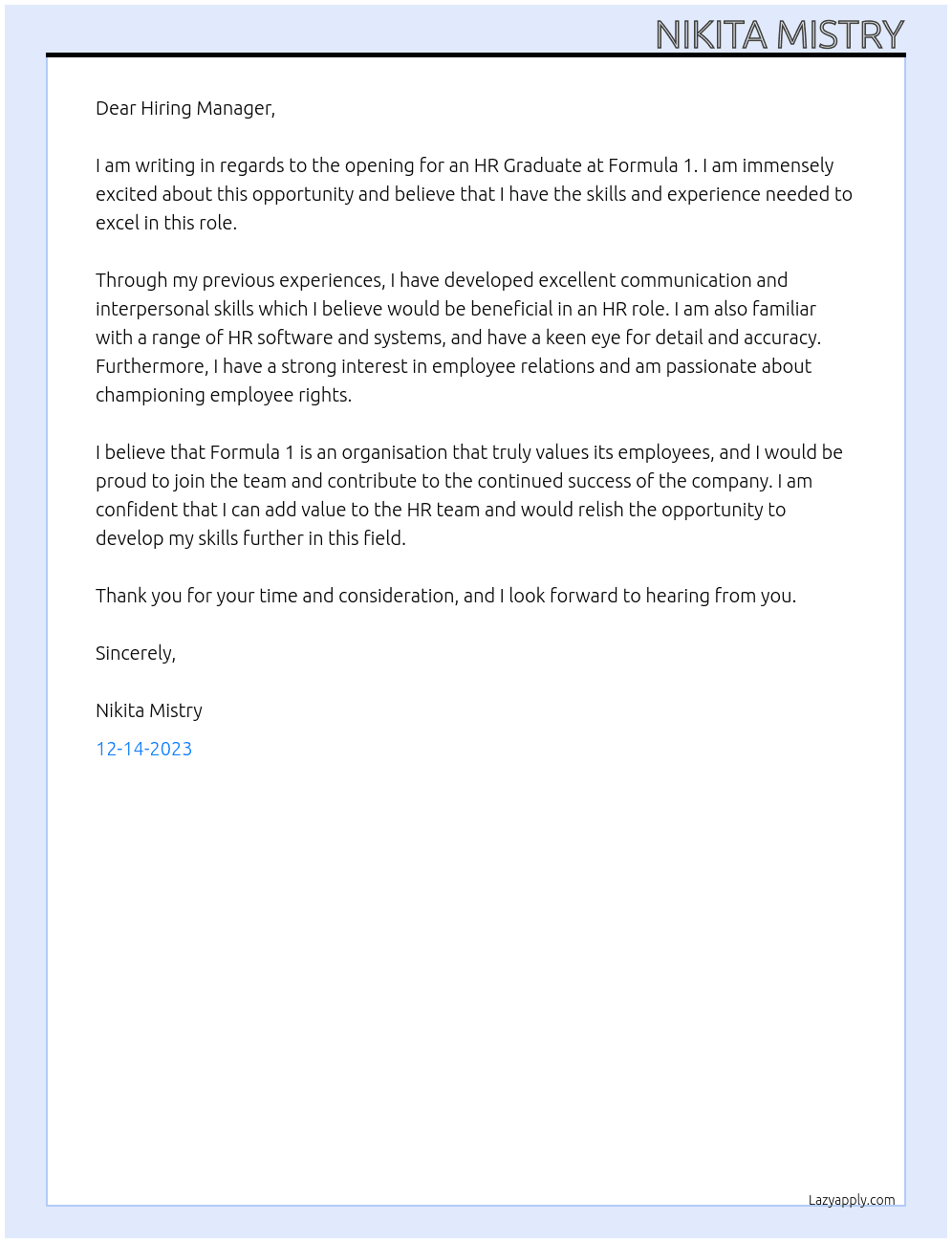 HR Gradute  At Formula 1 Cover Letter