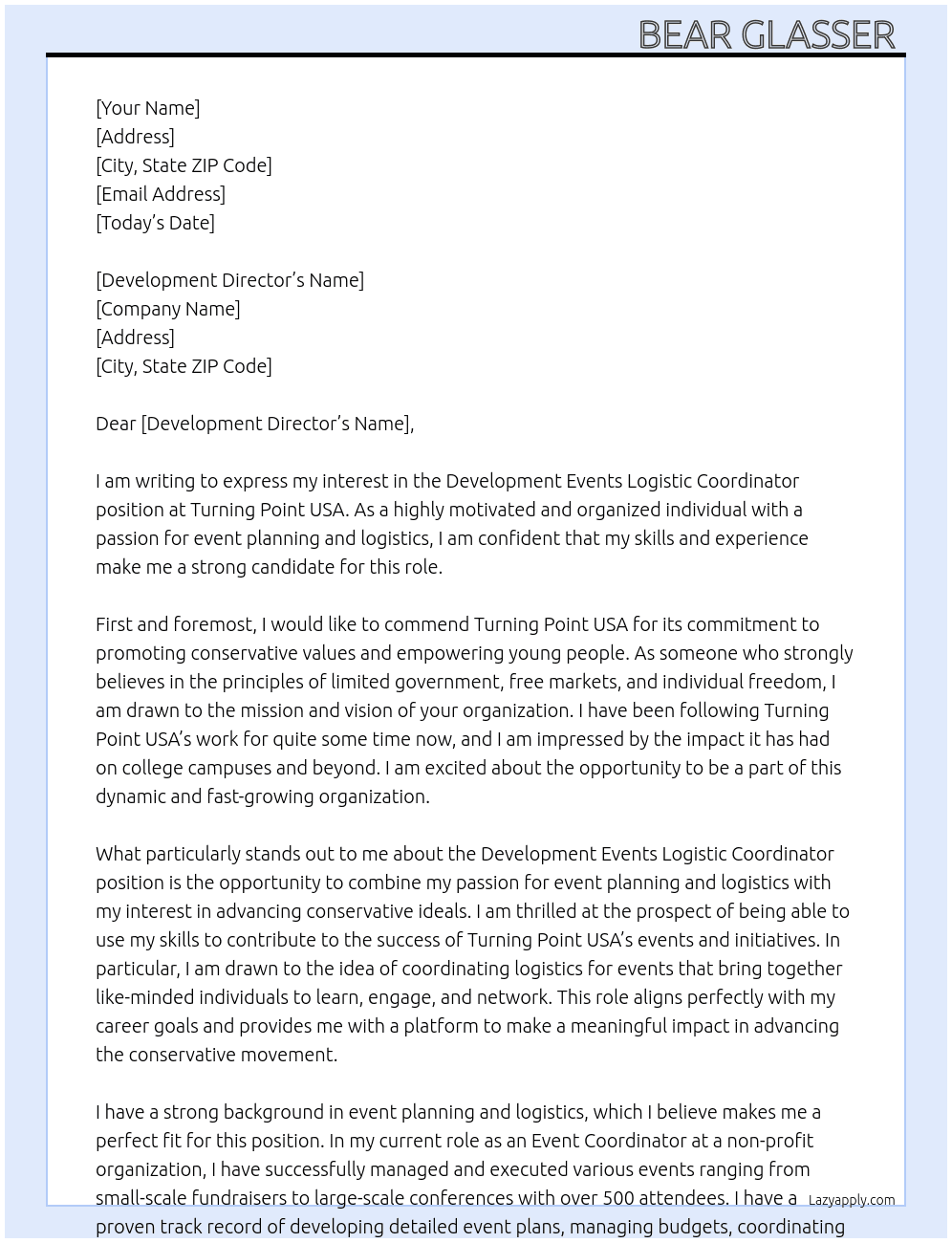 Development Events Logistic Coordinator At Turning Point USA Cover Letter