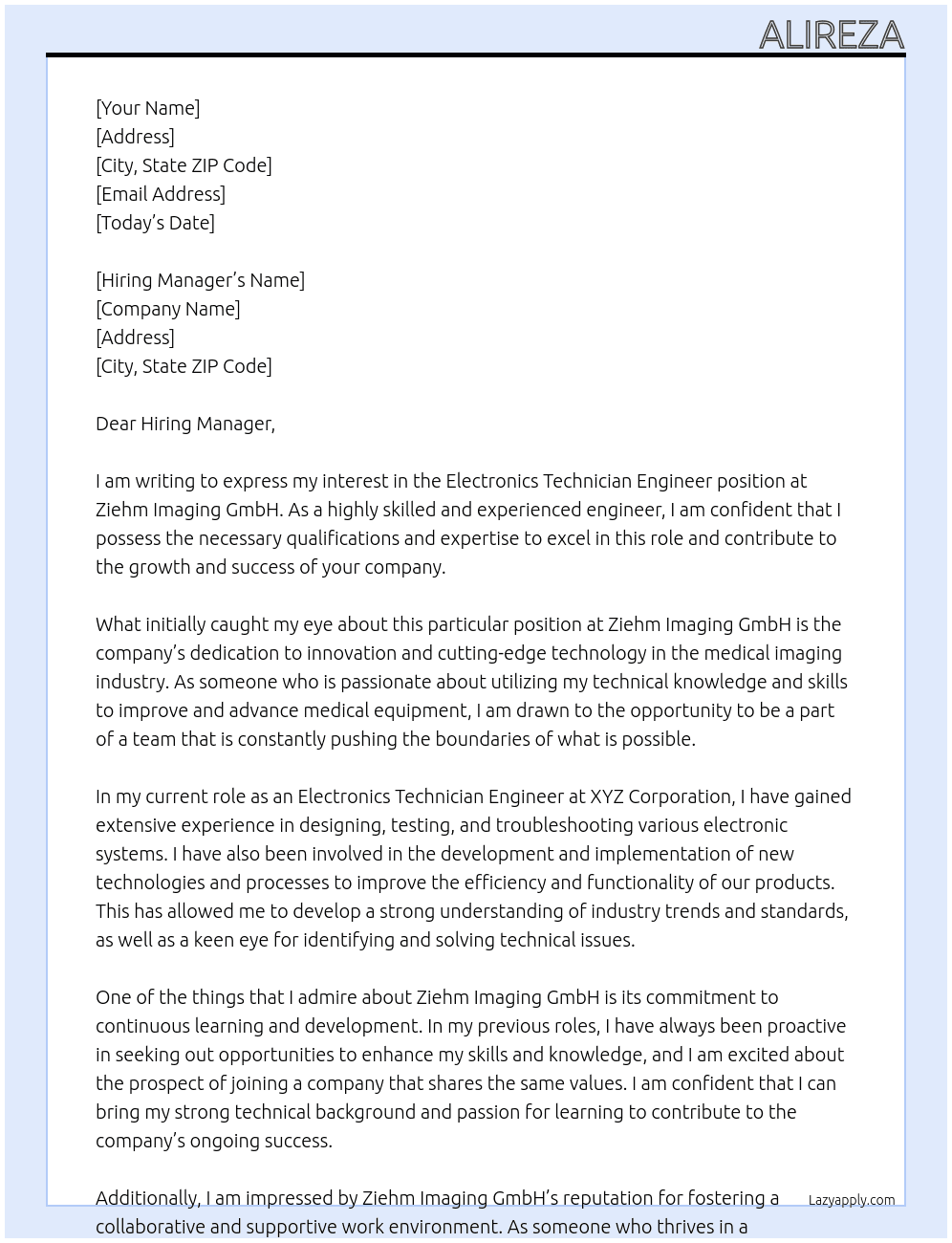 Electronics technician engineer At Ziehm Imaging GmbH Cover Letter