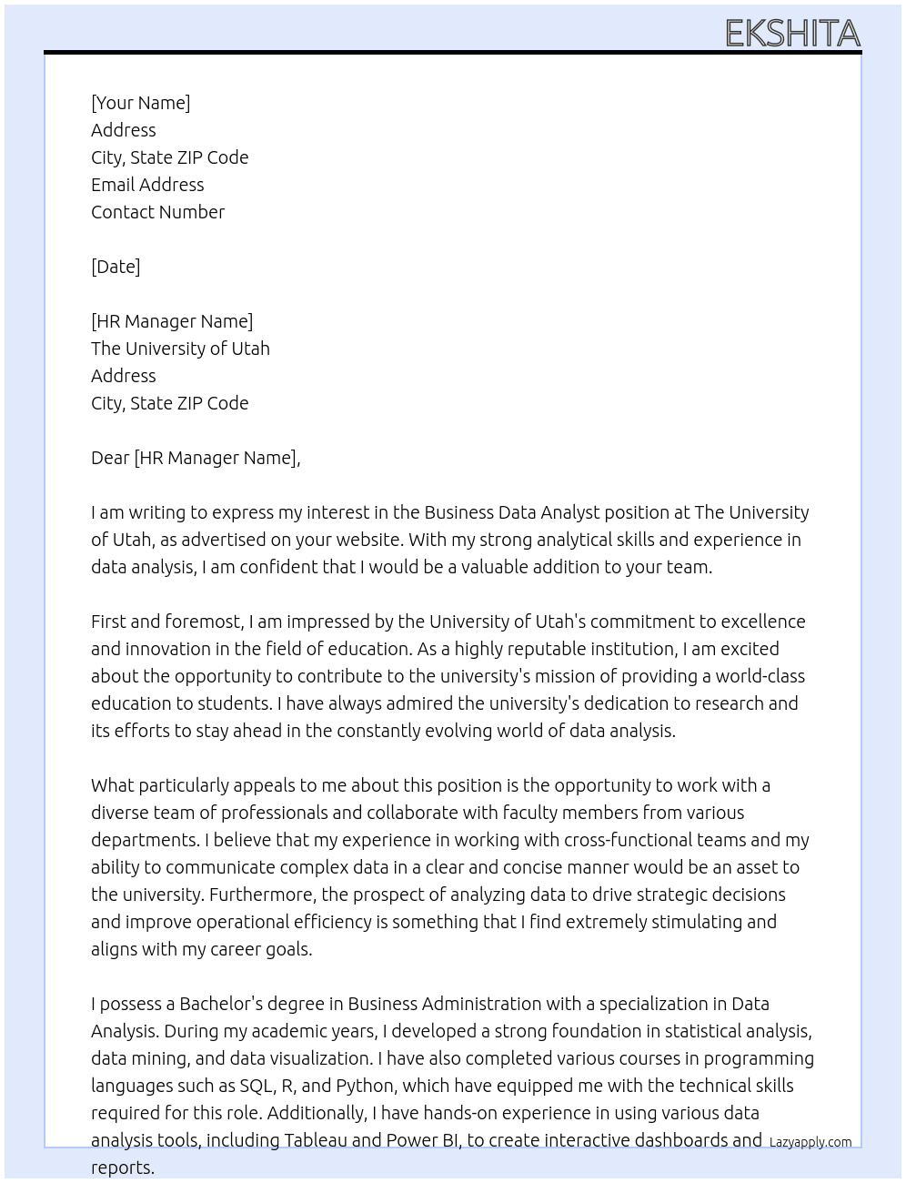 Business Data Analyst At The University Of UTAH Cover Letter