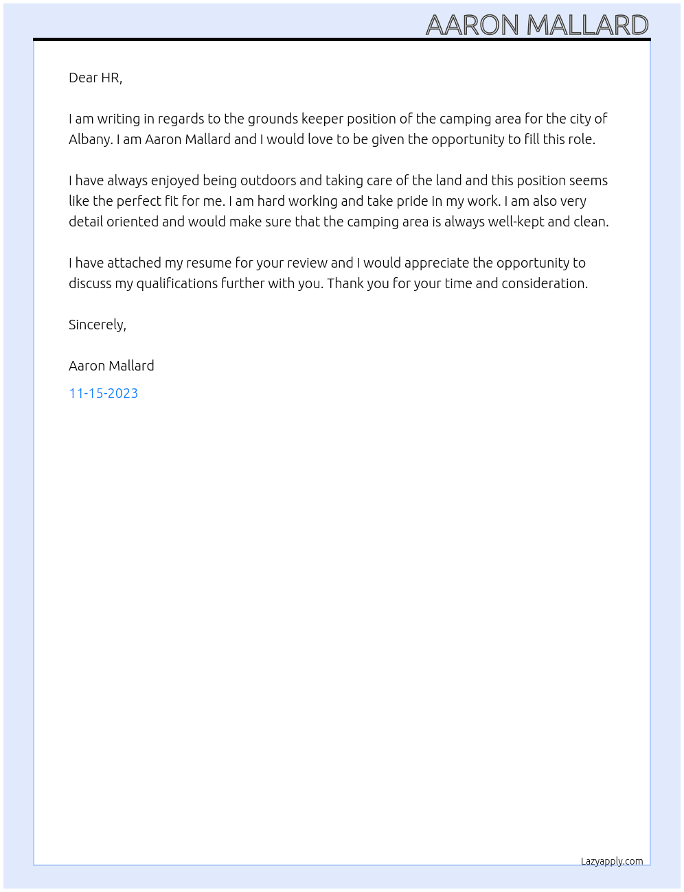 grounds keeper of camping area At city of albany Cover Letter