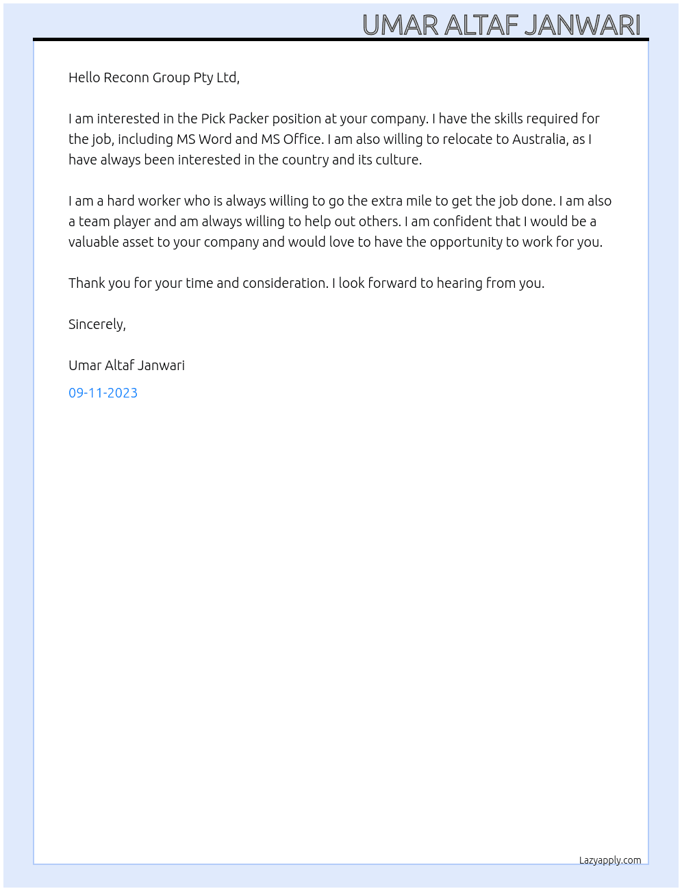Pick Packer At Reconn Group Pty Ltd. Cover Letter