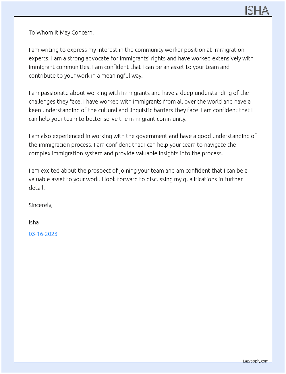 Community worker At immigration experts Cover Letter