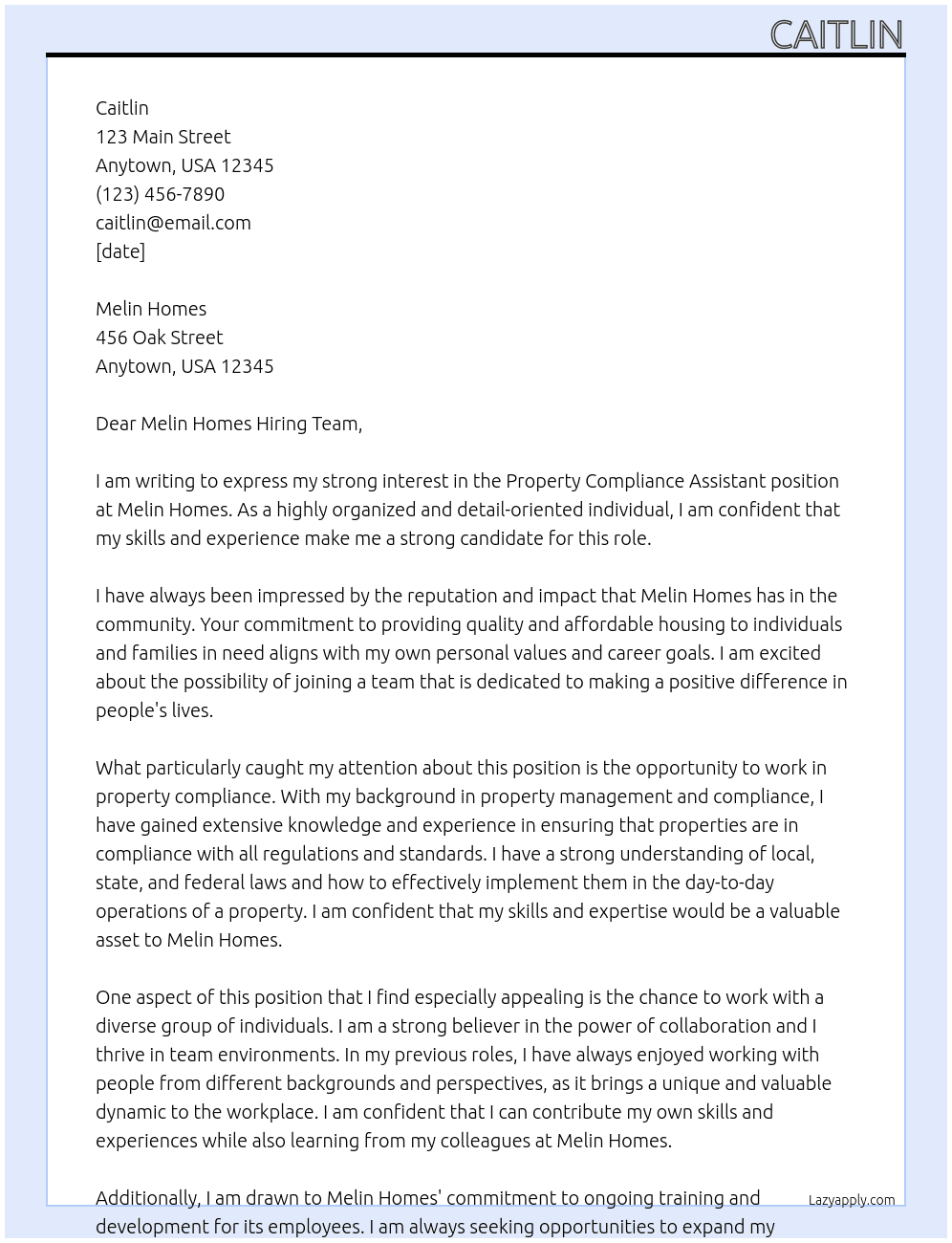 property complaince assistant  At melin homes Cover Letter