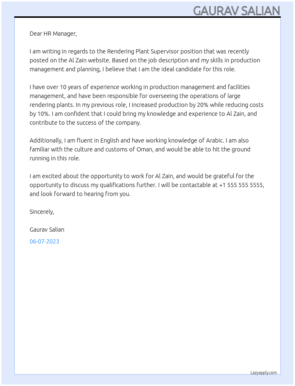 Rendering Plant Supervisor At Al Zain Cover Letter