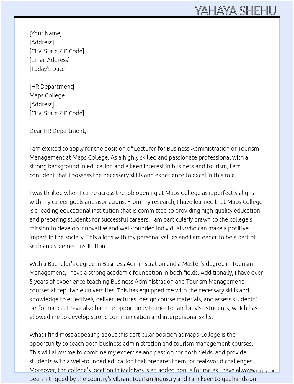 Lecturer for Business Administration or Tourism Management  At Maps College Cover Letter