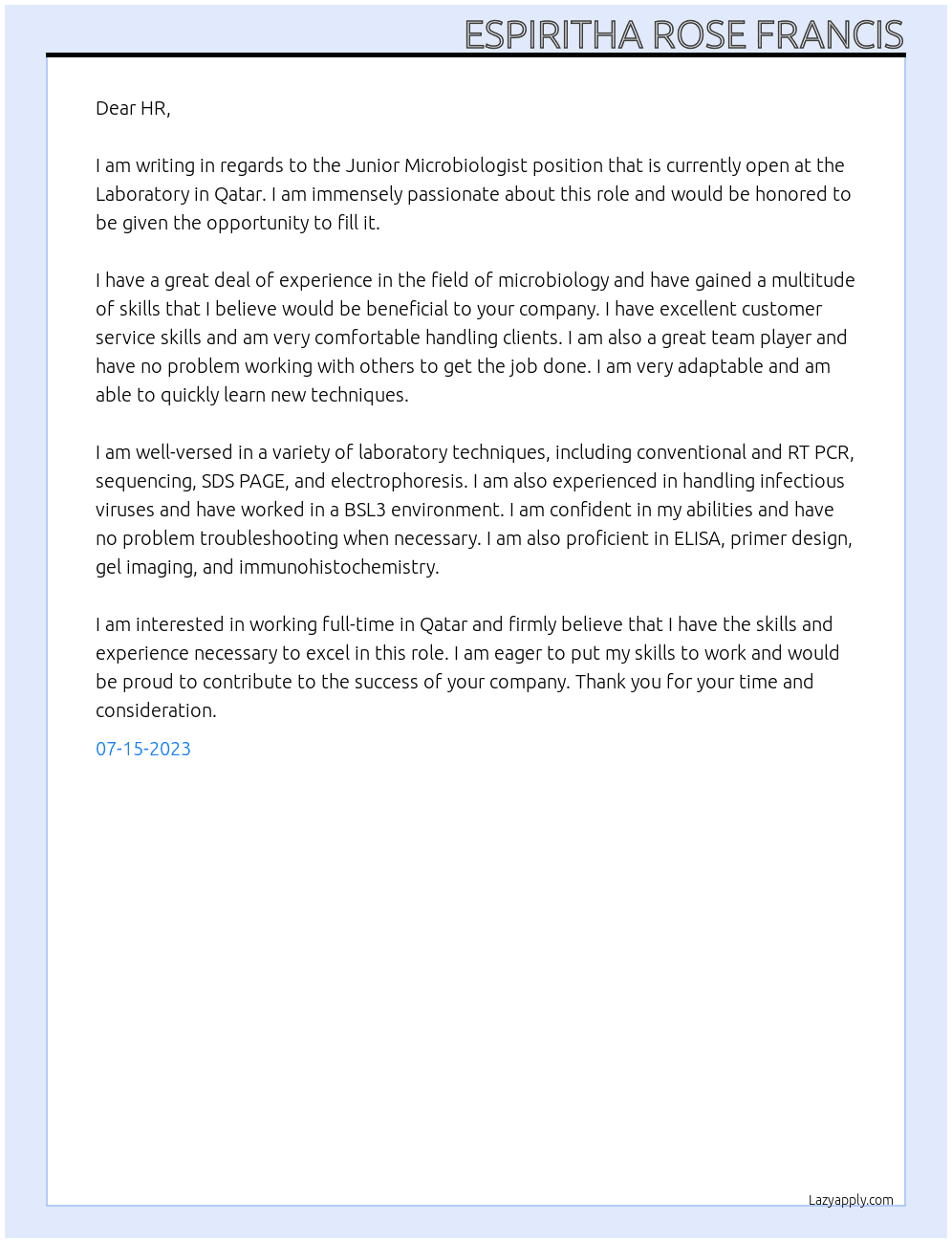 Junior Microbiologist At Laboratory in Qatar Cover Letter