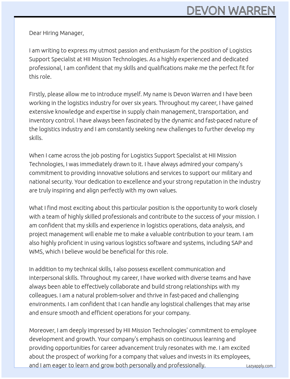 Logistics Support Specialist At HII Mission Technologies Cover Letter