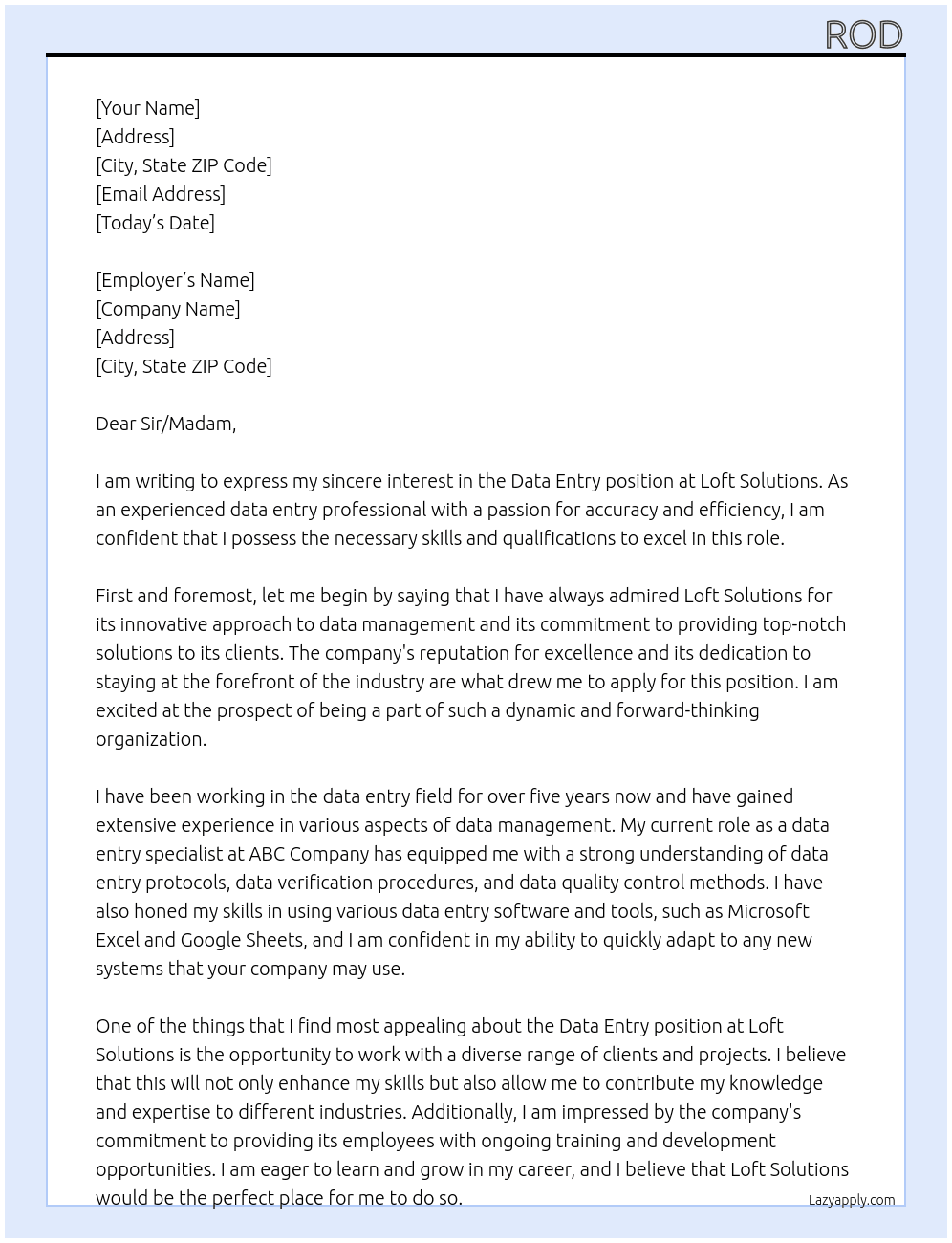 Data entry At Loft Solutions Cover Letter