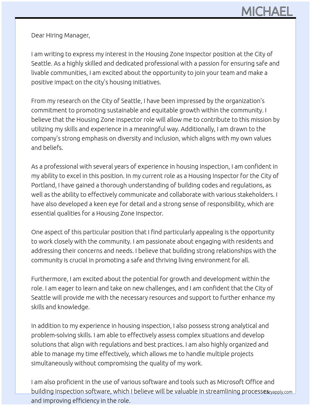 Housing Zone Inspector  At City of Seattle  Cover Letter