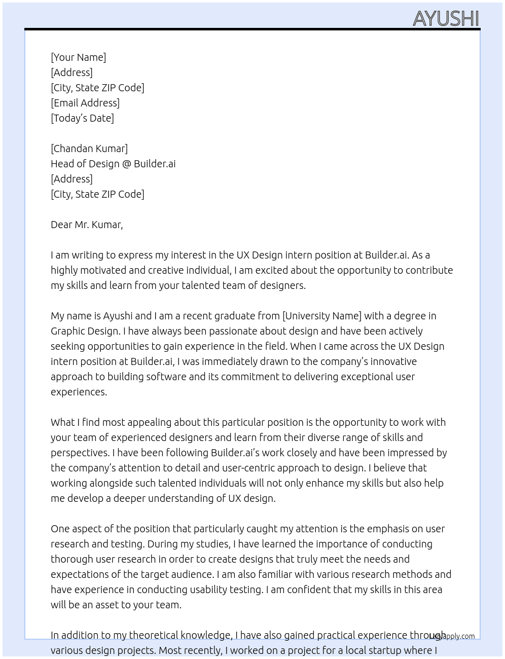 UX Design intern  At Builder.ai Cover Letter